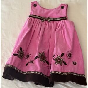 Cute Pink Corduroy Dress Sz 12 Months with Brown Accents and Flowers Buttons